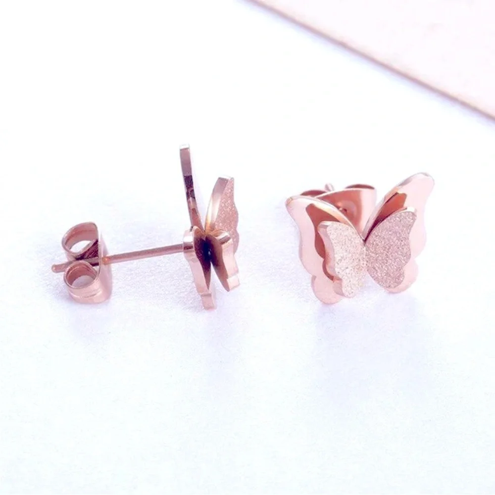 New 14k Rose Gold Over Sterling Silver Double Butterfly Studs